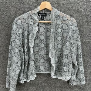 R&M Richards Top Women XL Gray Floral Crochet Sheer Open Front Long Sleeve